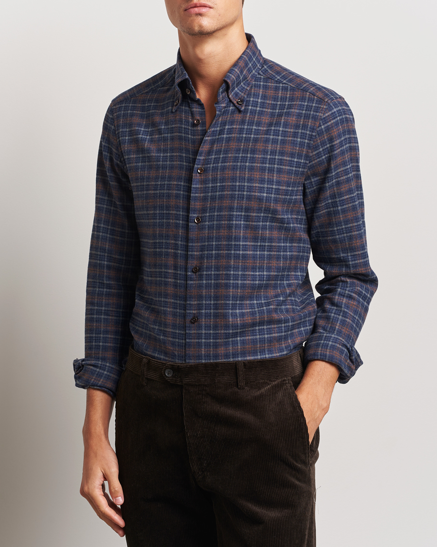 Hombres | Camisas | Stenströms | Slimline Small Check Flannel Shirt Dark Blue