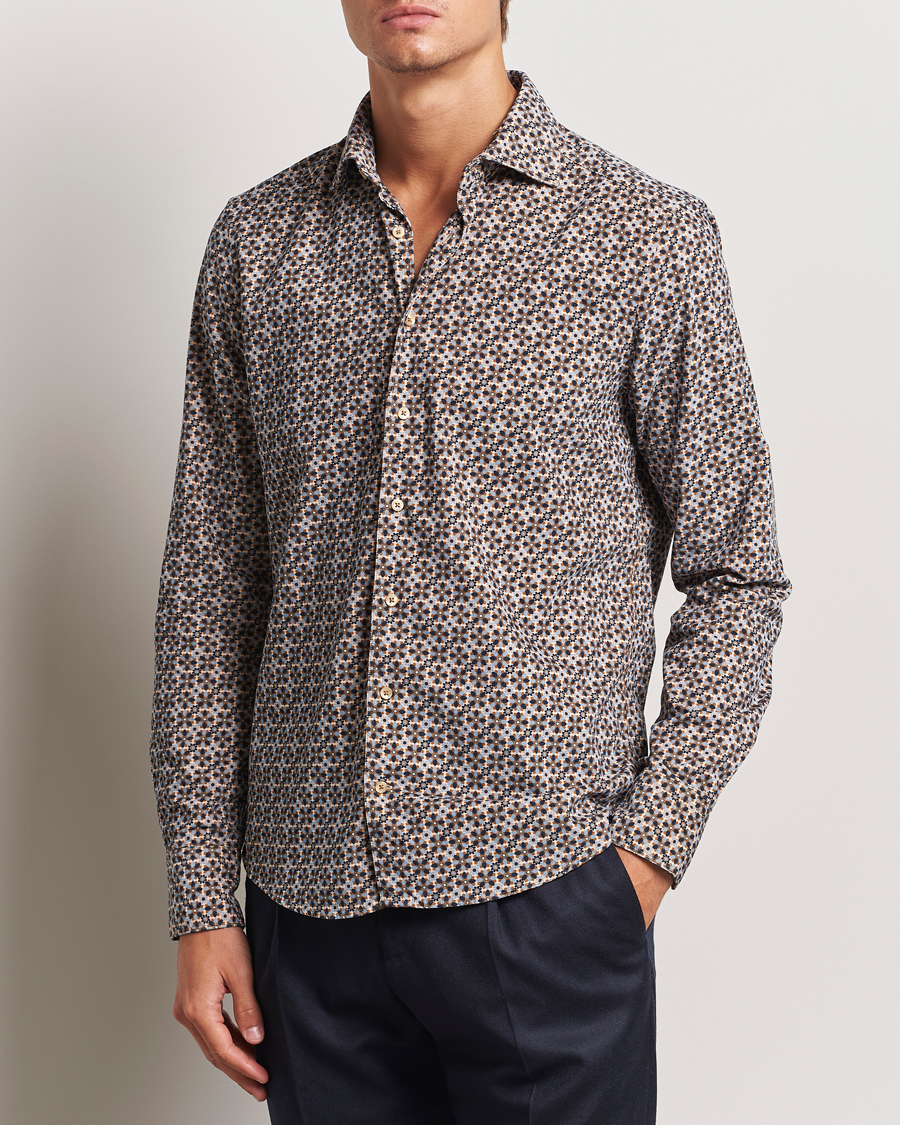Hombres | Camisas | Stenströms | Slimline Printed Cord Shirt Brown