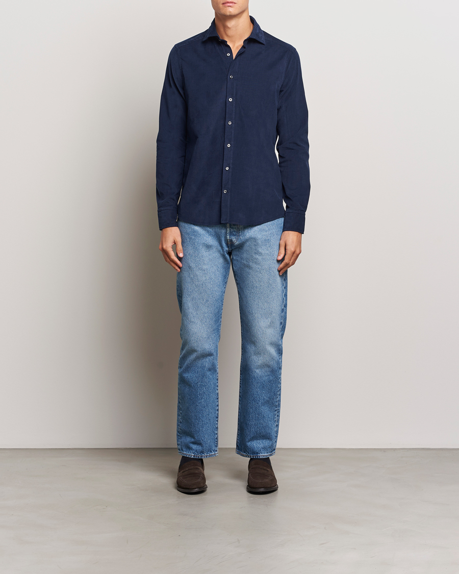 Hombres | Camisas | Stenströms | Slimline Cut Away Cord Shirt Blue