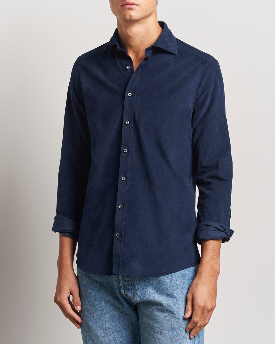 Hombres | Camisas | Stenströms | Slimline Cut Away Cord Shirt Blue