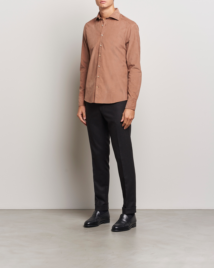 Hombres | Camisas | Stenströms | Slimline Cut Away Cord Shirt Light Brown