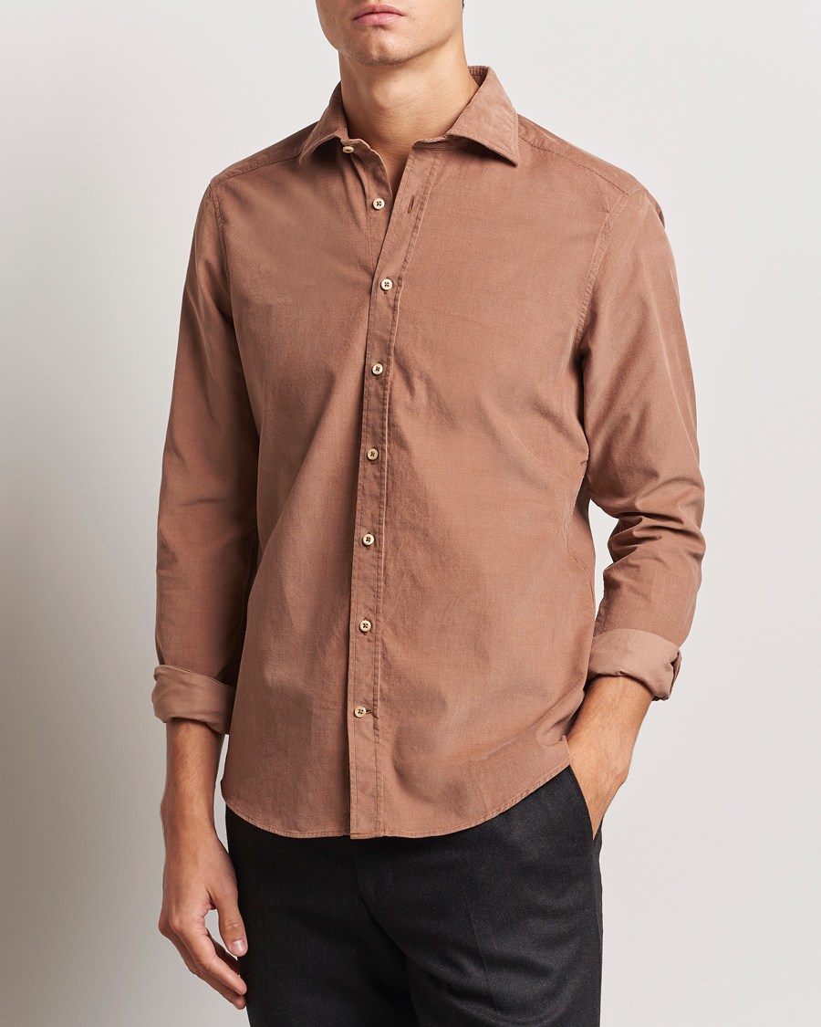 Hombres | Camisas | Stenströms | Slimline Cut Away Cord Shirt Light Brown