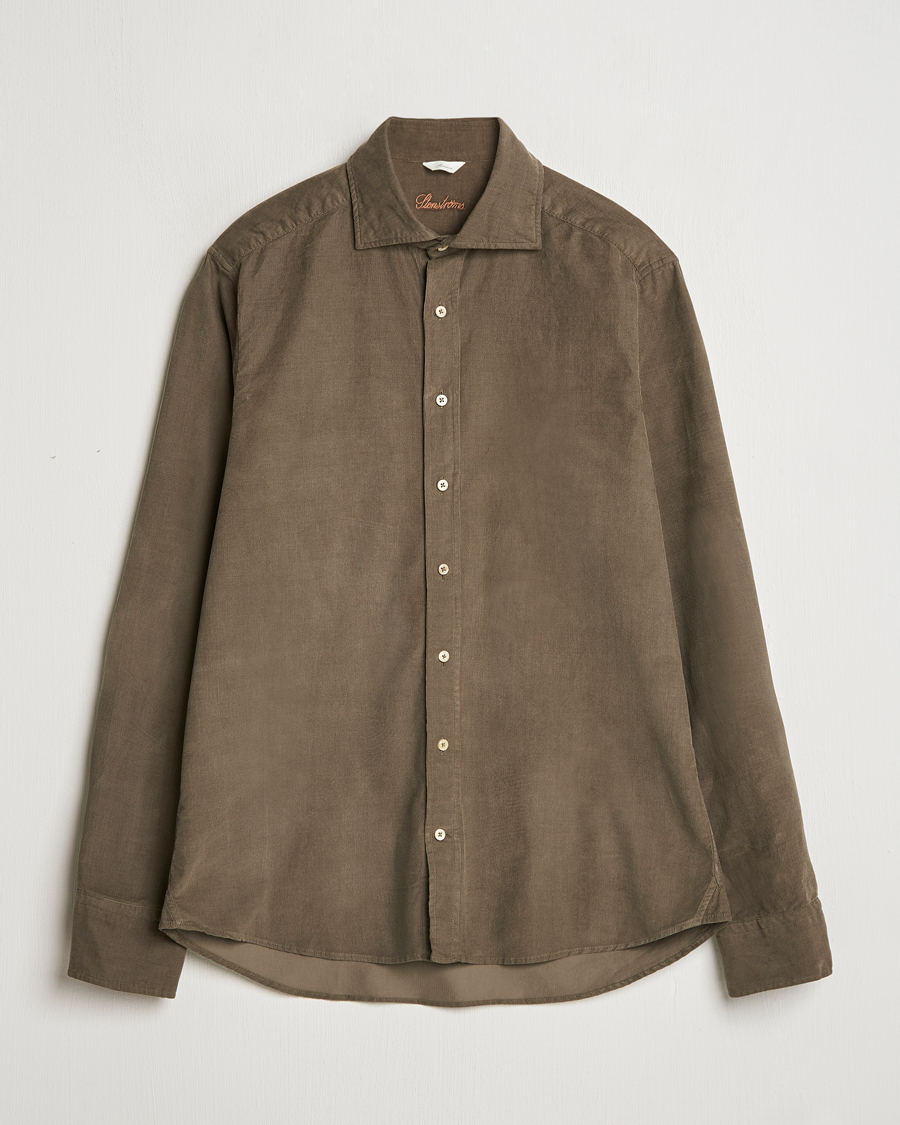 Hombres | Camisas | Stenströms | Slimline Cut Away Cord Shirt Dark Green