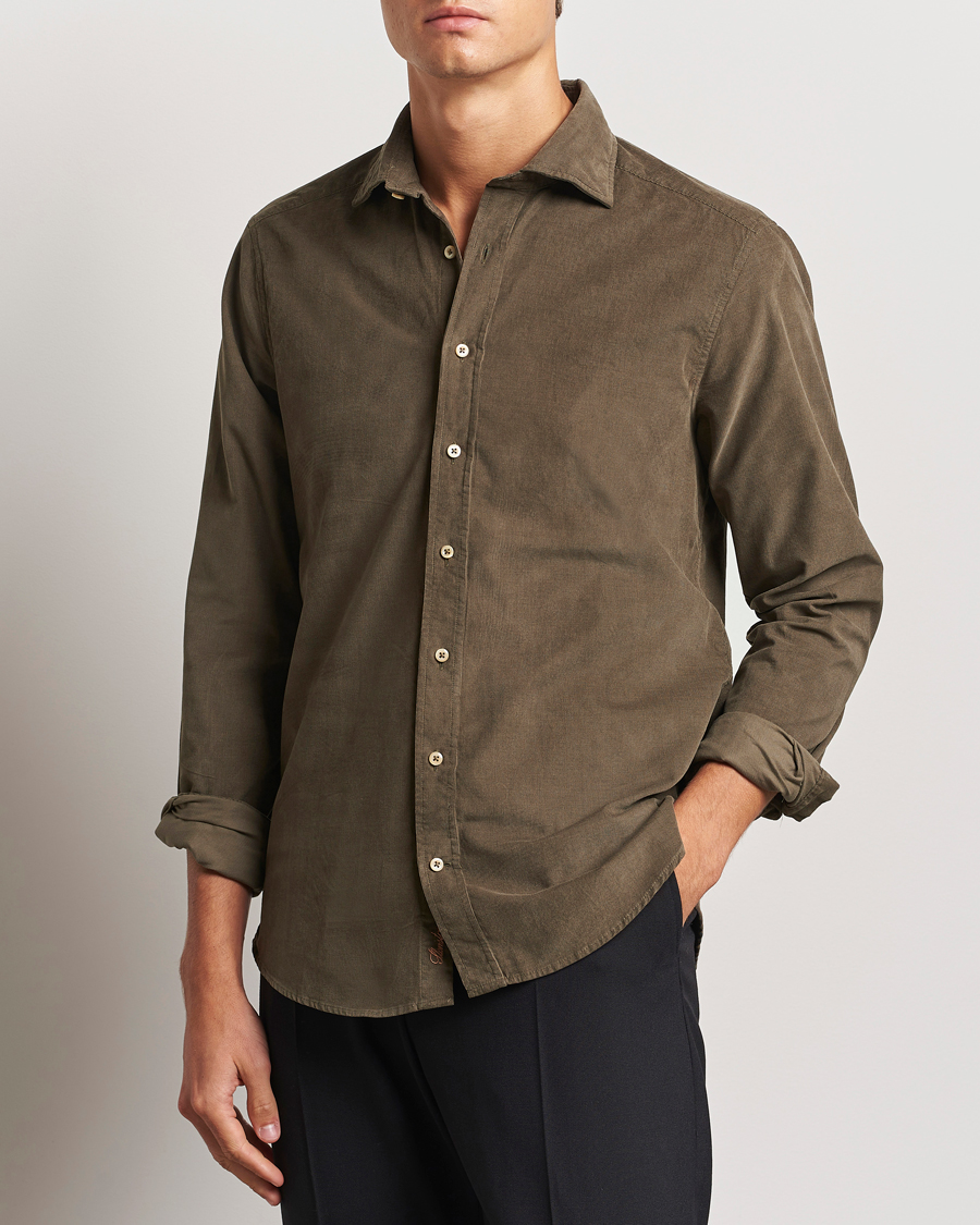 Hombres | Camisas | Stenströms | Slimline Cut Away Cord Shirt Dark Green