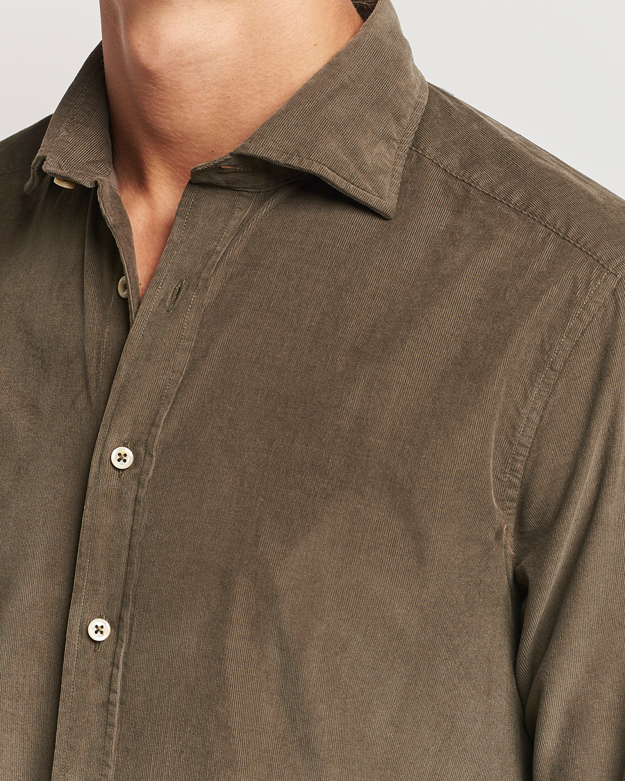 Hombres | Camisas | Stenströms | Slimline Cut Away Cord Shirt Dark Green