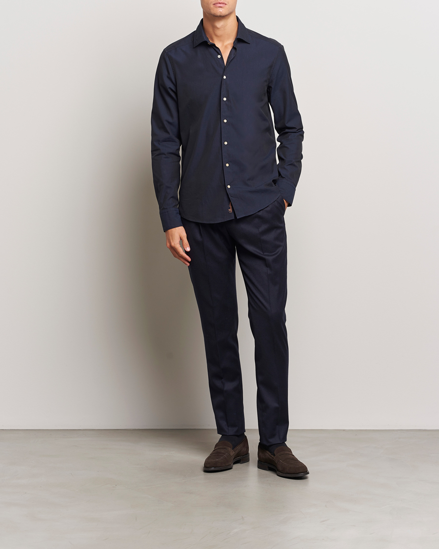 Hombres | Camisas | Stenströms | Slimline Cut Away Washed Twill Shirt Navy