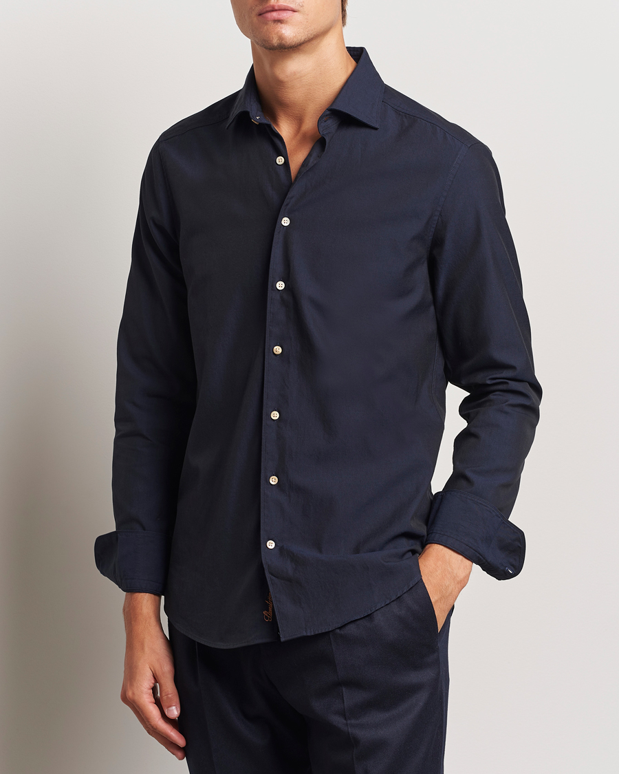 Hombres | Camisas | Stenströms | Slimline Cut Away Washed Twill Shirt Navy