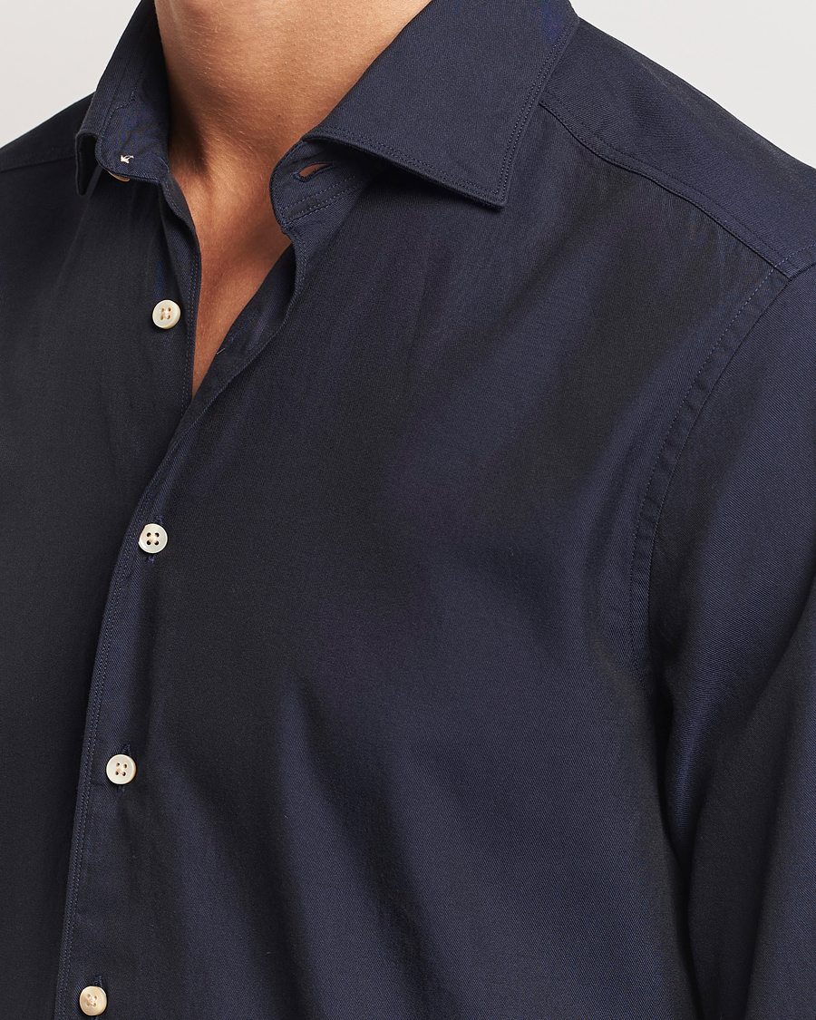 Hombres | Camisas | Stenströms | Slimline Cut Away Washed Twill Shirt Navy