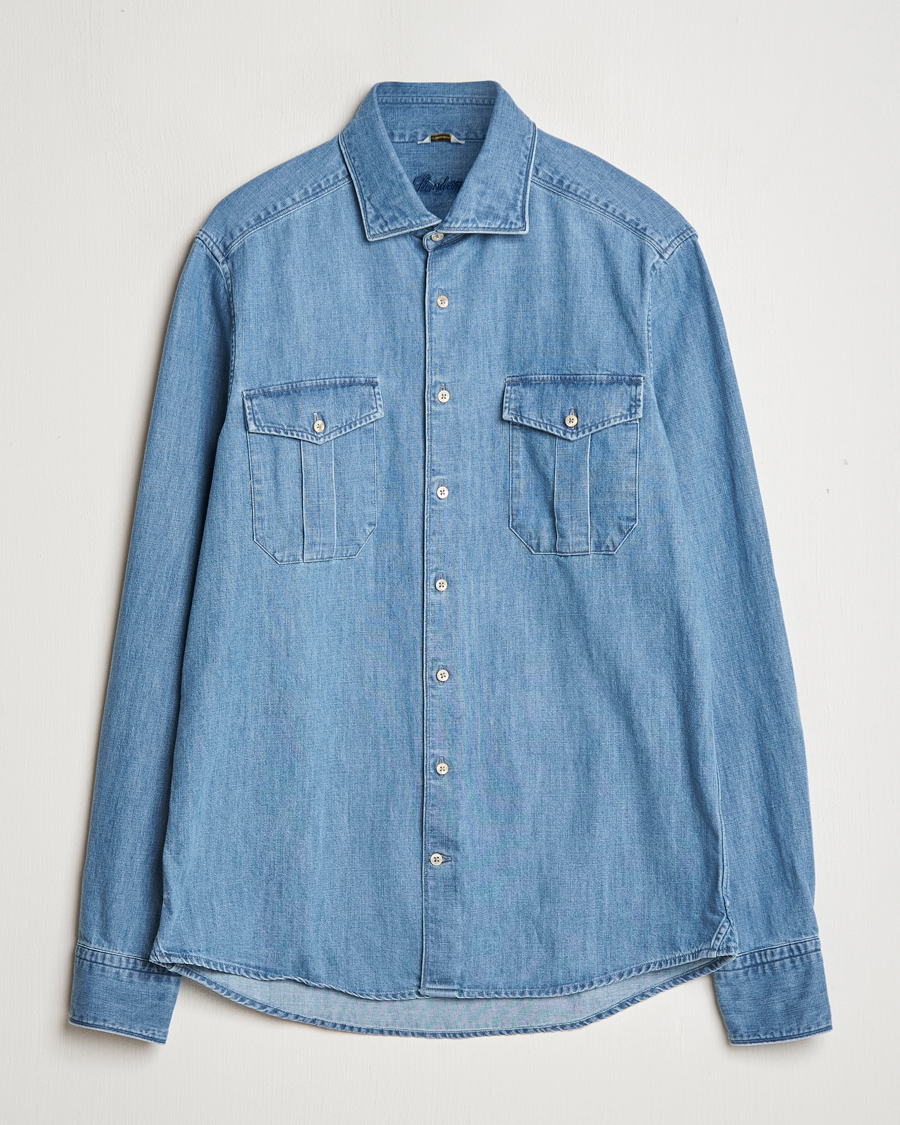 Hombres | Camisas | Stenströms | Slimline Double Pocket Denim Shirt Blue