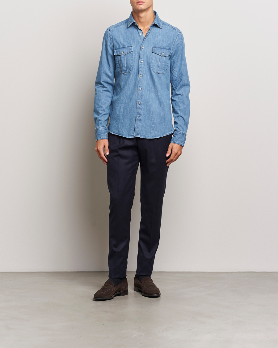 Hombres | Camisas | Stenströms | Slimline Double Pocket Denim Shirt Blue