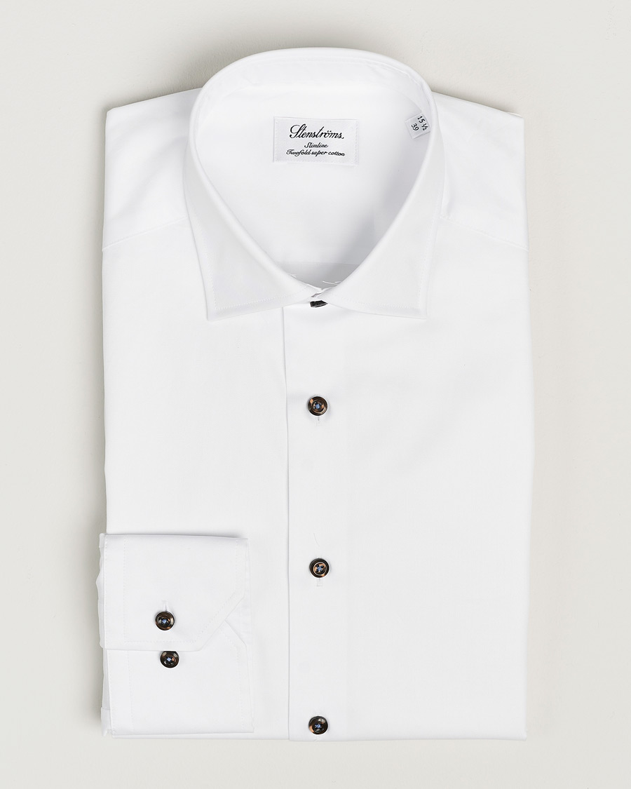 Hombres | Camisas | Stenströms | Slimline Cut Away Contrast Button Shirt White/Brown