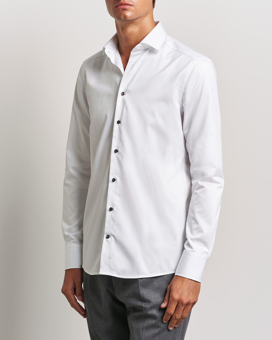 Hombres | Camisas | Stenströms | Slimline Cut Away Contrast Button Shirt White/Brown