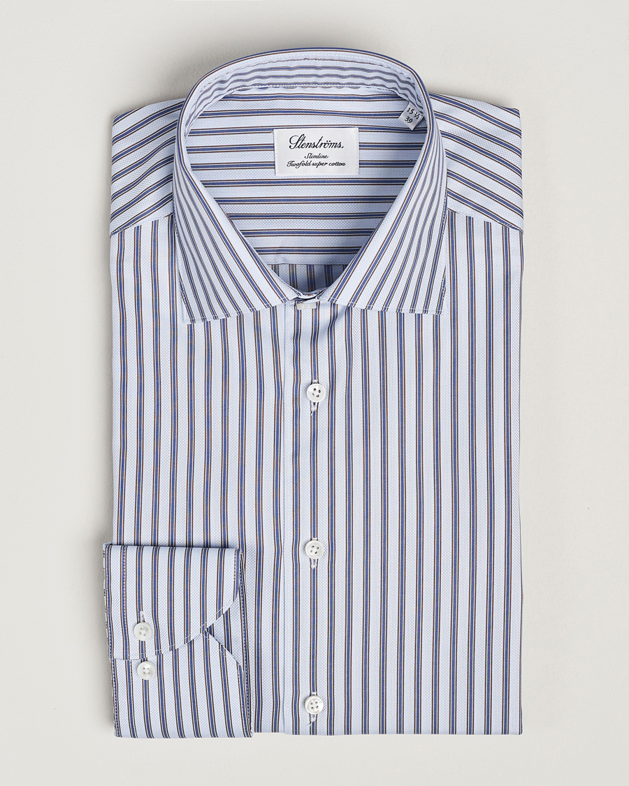 Hombres | Camisas | Stenströms | Slimline Striped Luxury Oxford Shirt Blue