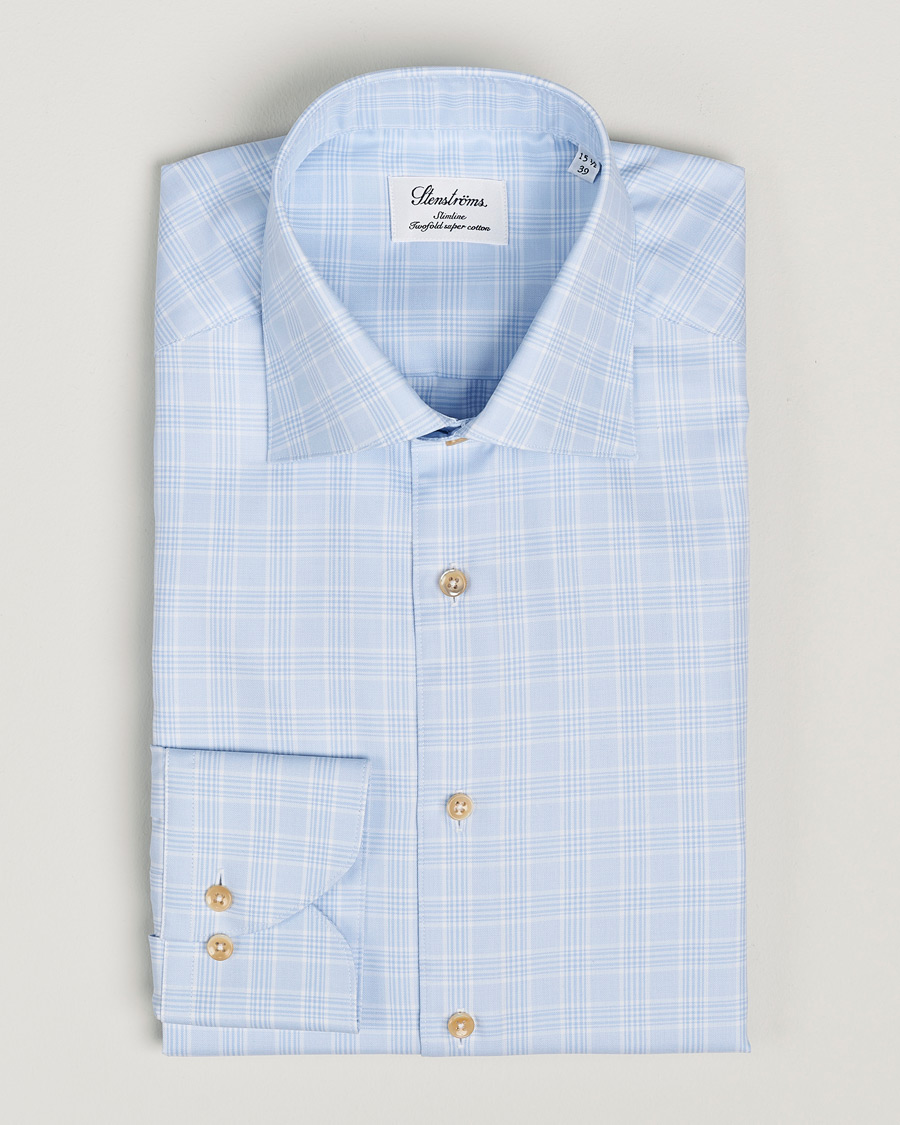 Hombres | Camisas | Stenströms | Slimline Checked Twill Cut Away Shirt Light Blue
