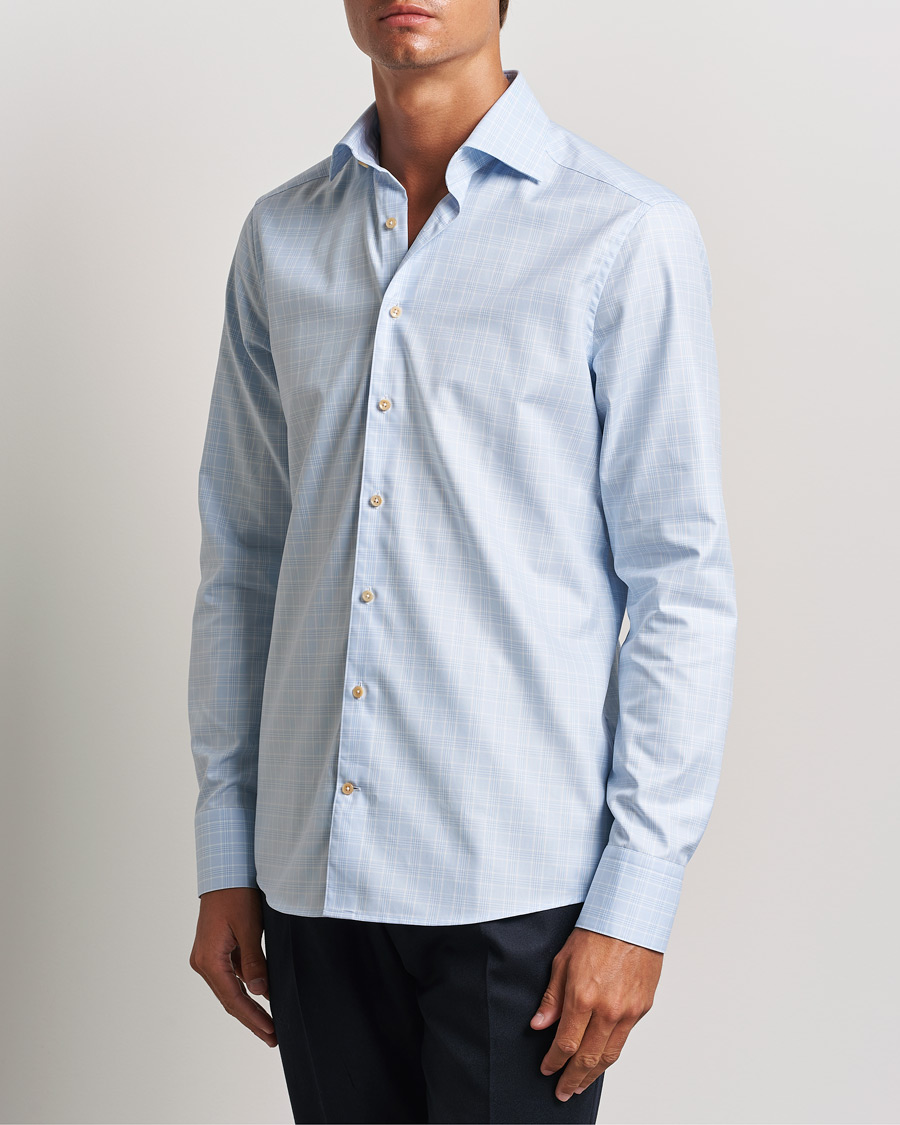 Hombres | Camisas | Stenströms | Slimline Checked Twill Cut Away Shirt Light Blue