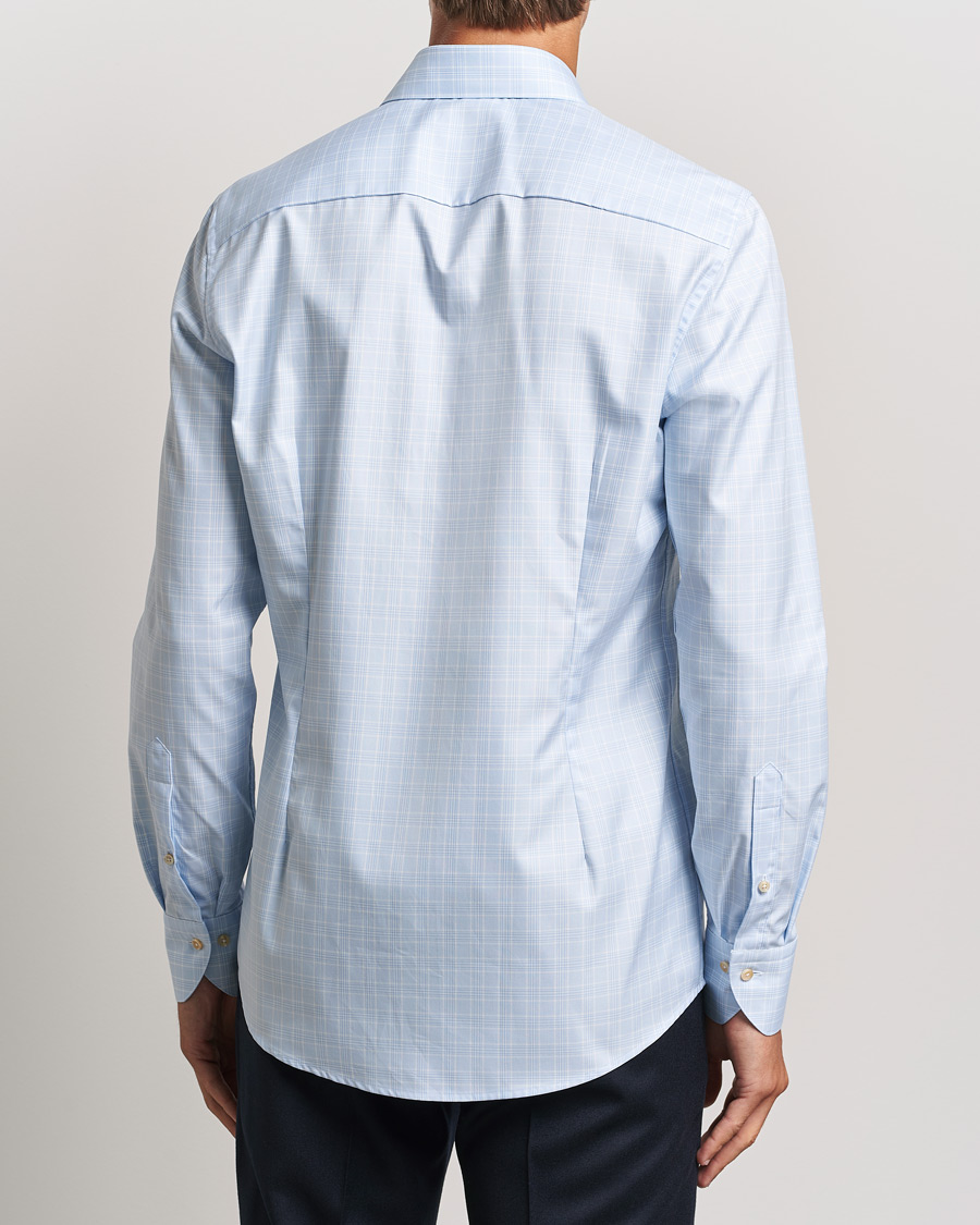 Hombres | Camisas | Stenströms | Slimline Checked Twill Cut Away Shirt Light Blue