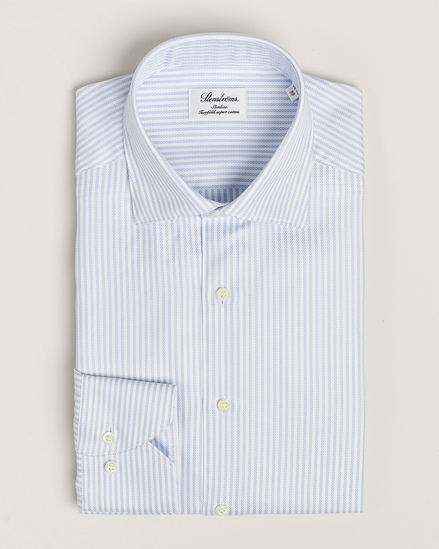 Hombres | Camisas | Stenströms | Slimline Striped Twill Cut Away Shirt White/Blue