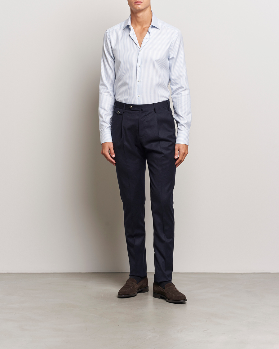Hombres | Camisas | Stenströms | Slimline Striped Twill Cut Away Shirt White/Blue