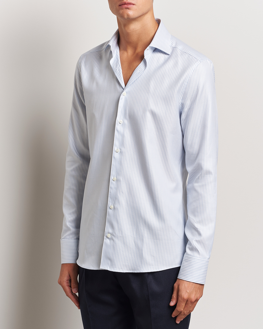 Hombres | Camisas | Stenströms | Slimline Striped Twill Cut Away Shirt White/Blue