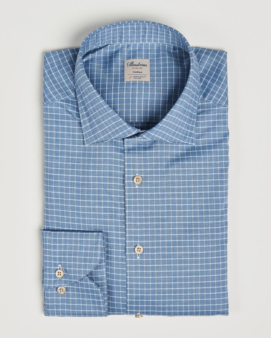 Hombres | Camisas | Stenströms | Slimline Melange Check Cut Away Shirt Blue