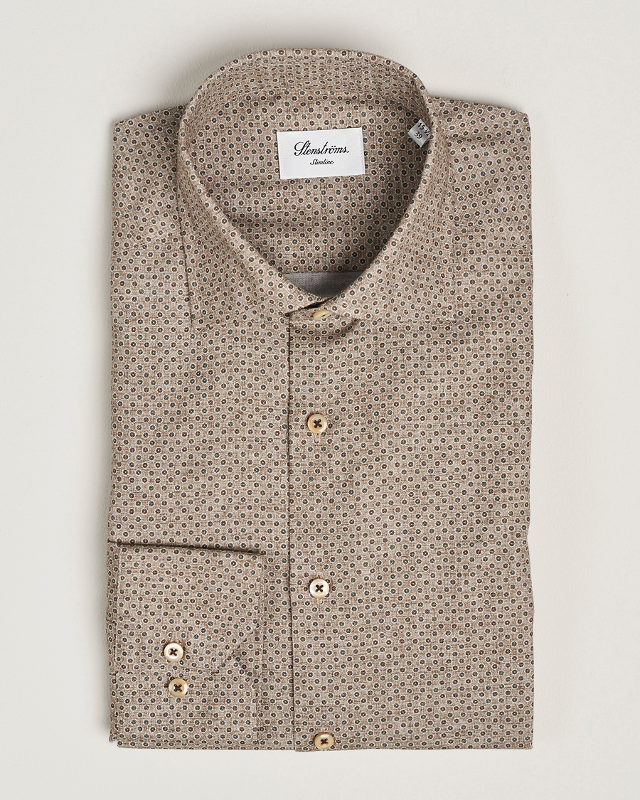 Hombres | Camisas | Stenströms | Slimline Brushed Printed Cut Away Shirt Beige