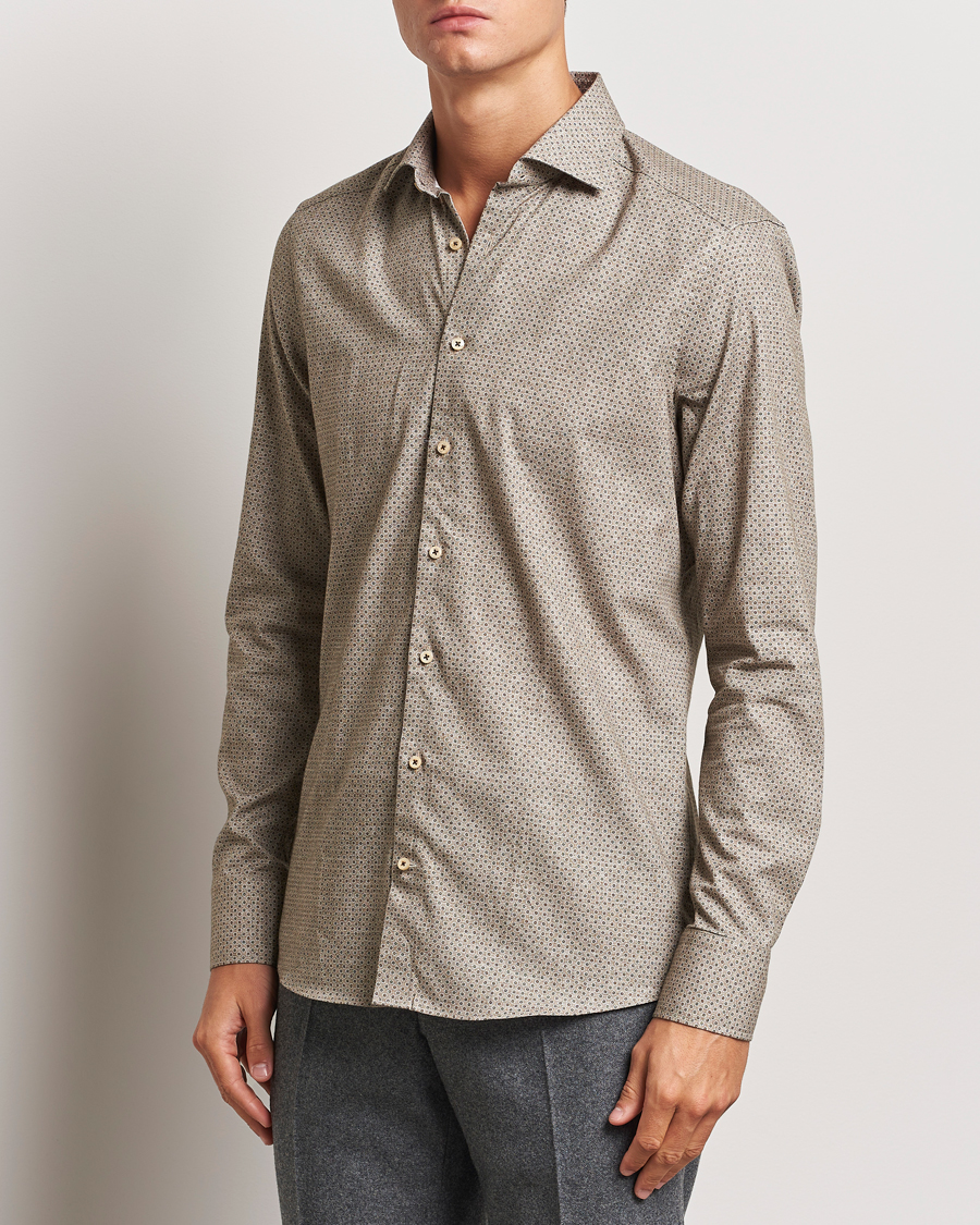 Hombres | Camisas | Stenströms | Slimline Brushed Printed Cut Away Shirt Beige