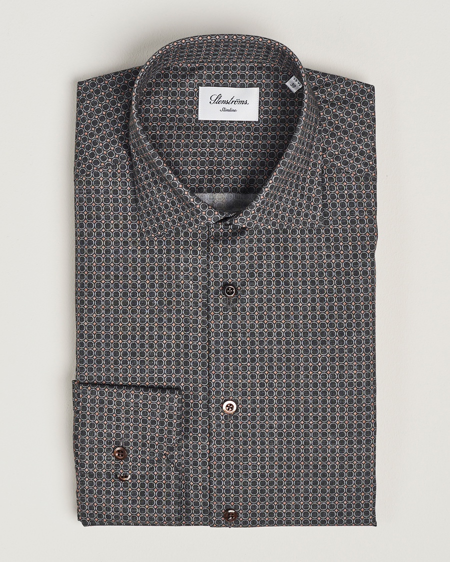 Hombres | Camisas | Stenströms | Slimline Brushed Printed Cut Away Shirt Black