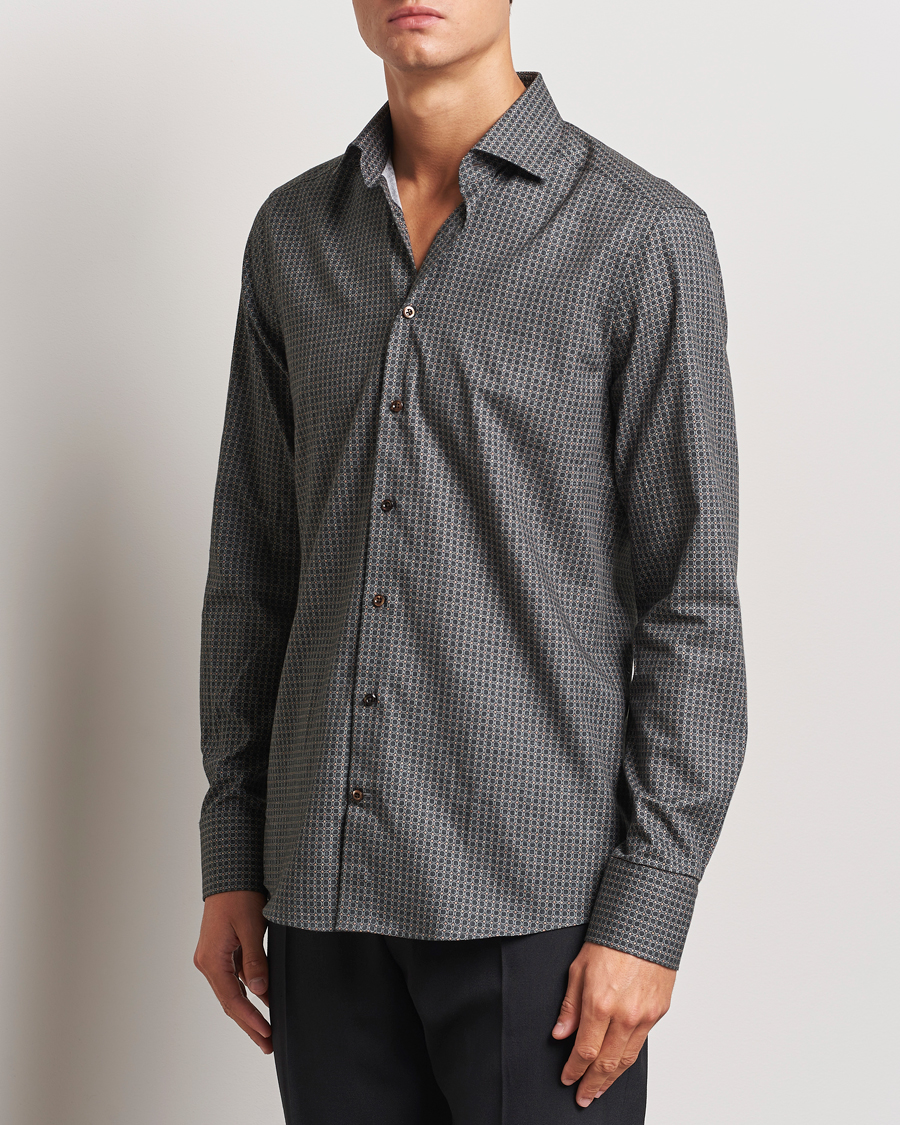 Hombres | Camisas | Stenströms | Slimline Brushed Printed Cut Away Shirt Black