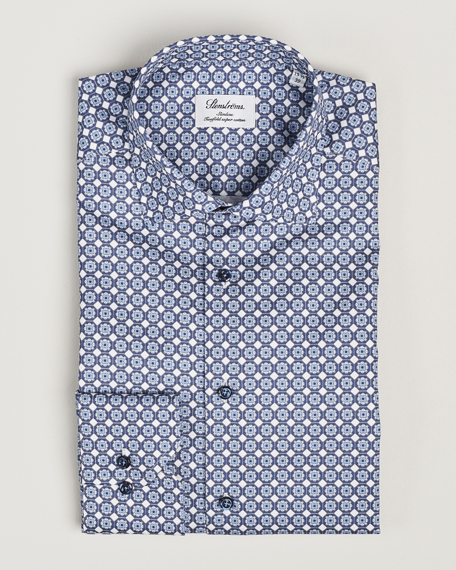 Hombres | Camisas | Stenströms | Slimline Printed Twill Cut Away Shirt Blue