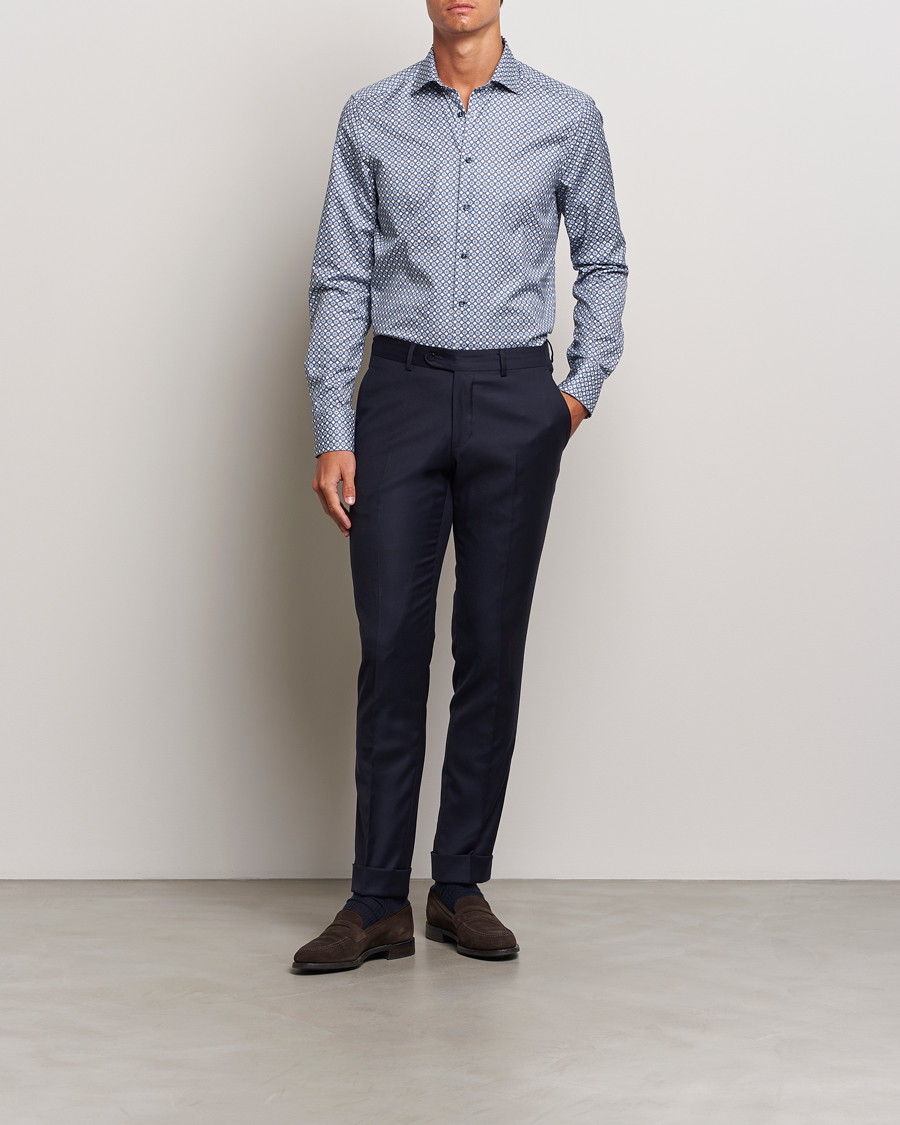 Hombres | Camisas | Stenströms | Slimline Printed Twill Cut Away Shirt Blue