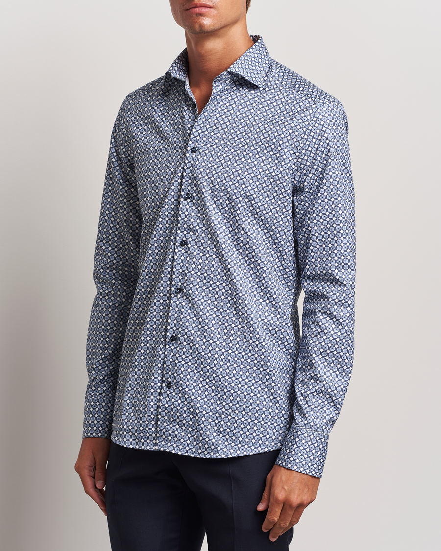 Hombres | Camisas | Stenströms | Slimline Printed Twill Cut Away Shirt Blue