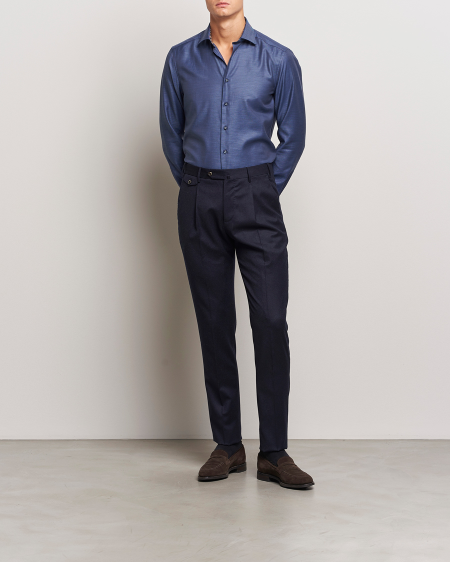 Hombres | Camisas | Stenströms | Slimline Twill Contrast Cut Away Shirt Navy