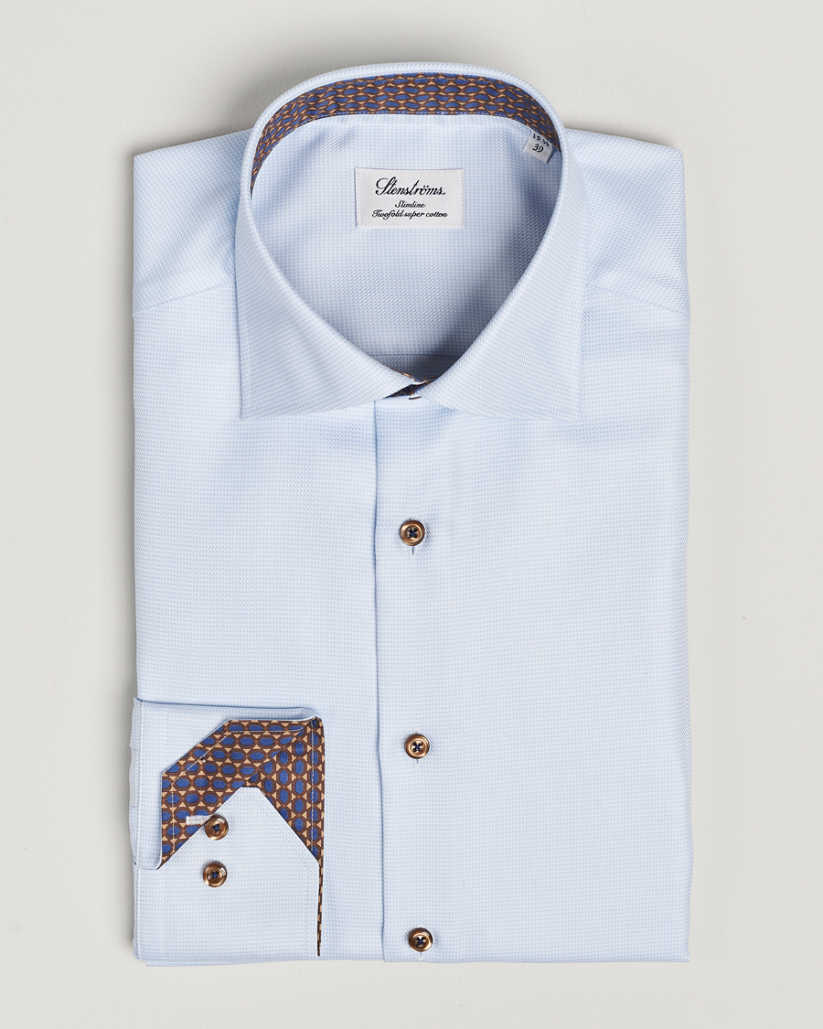 Hombres | Camisas | Stenströms | Slimline Houndstooth Contrast Shirt Blue
