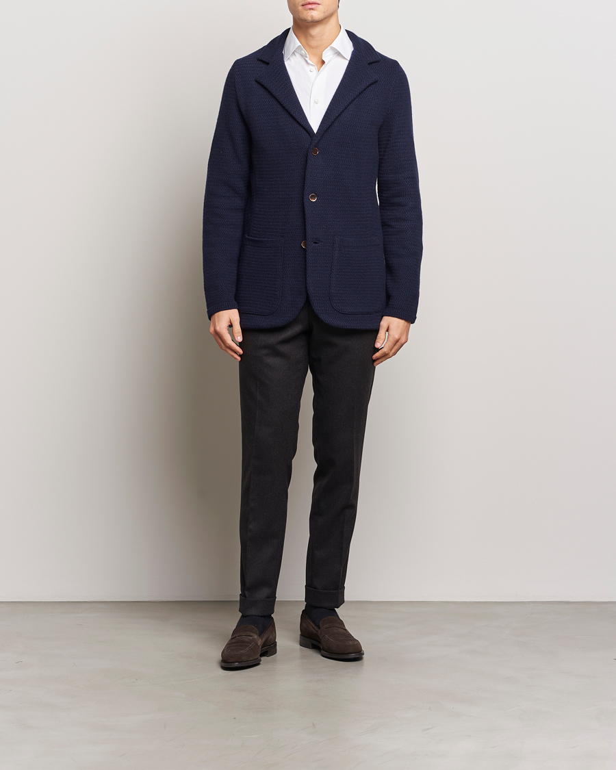 Hombres | Blazers | Stenströms | Knitted Textured Merino Wool Blazer Navy