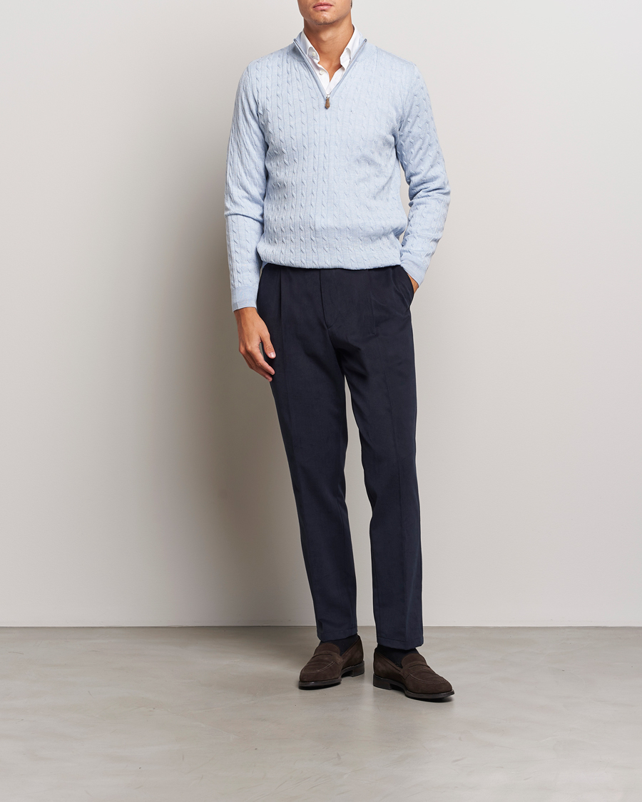 Hombres | Jerséis y prendas de punto | Stenströms | Merino Cable Half Zip Light Blue