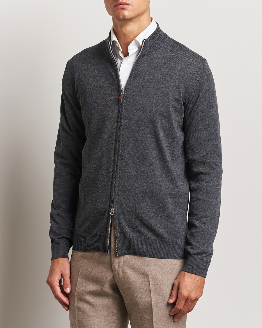 Hombres | Jerséis y prendas de punto | Stenströms | Merino Full Zip Dark Grey