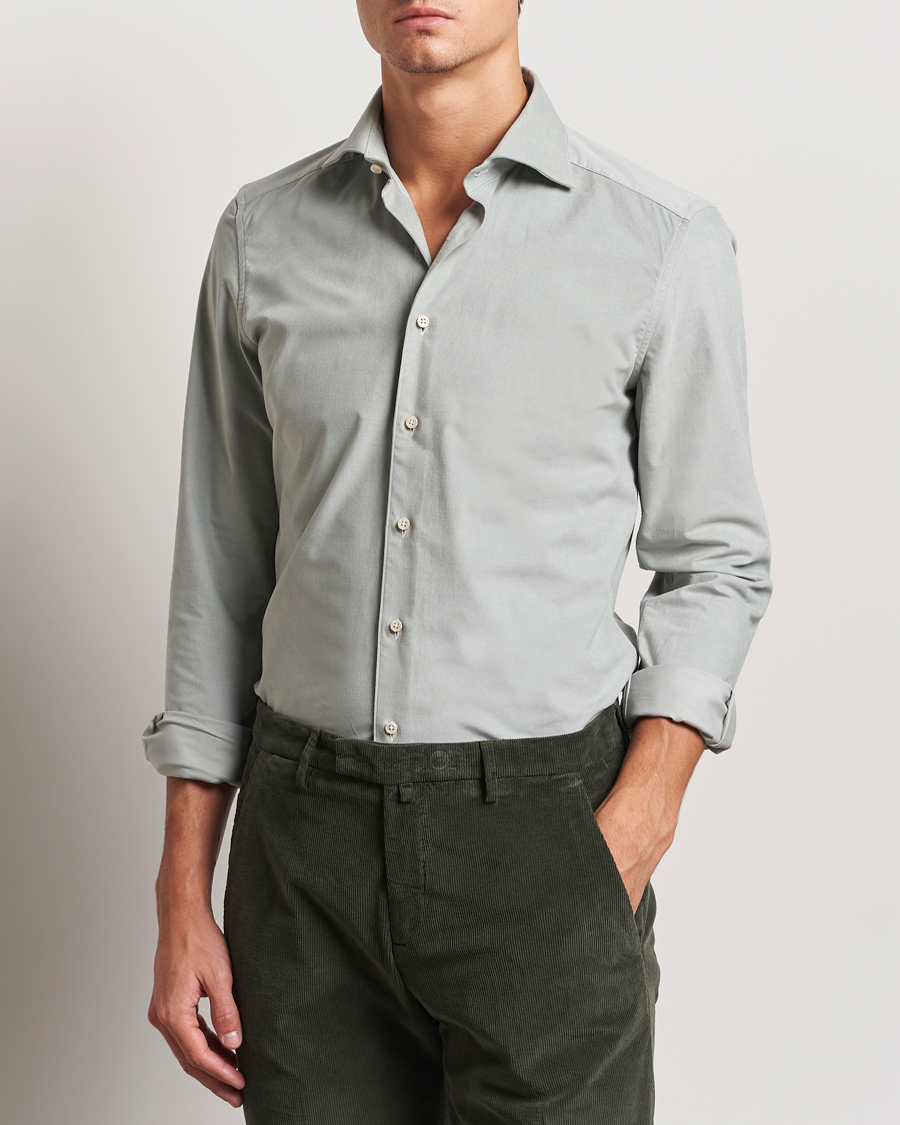 Hombres | Camisas | Stenströms | 1899 Velvet Baby Corduroy Shirt Soft Green