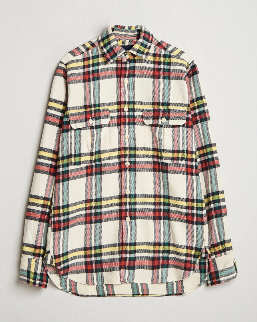 Hombres | Camisas | Drake's | Brushed Cotton Work Shirt Ecru/Red/Green