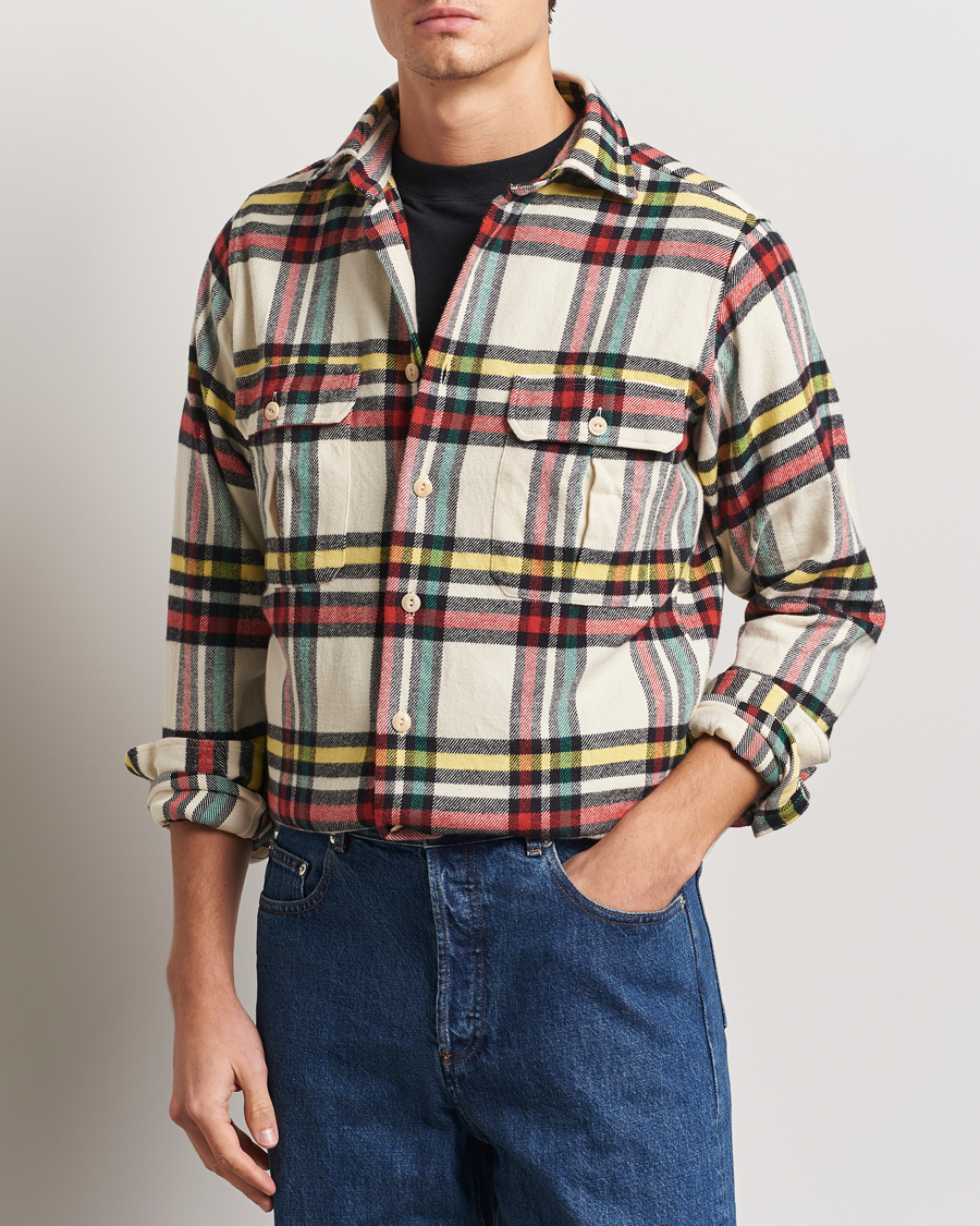 Hombres | Camisas | Drake's | Brushed Cotton Work Shirt Ecru/Red/Green