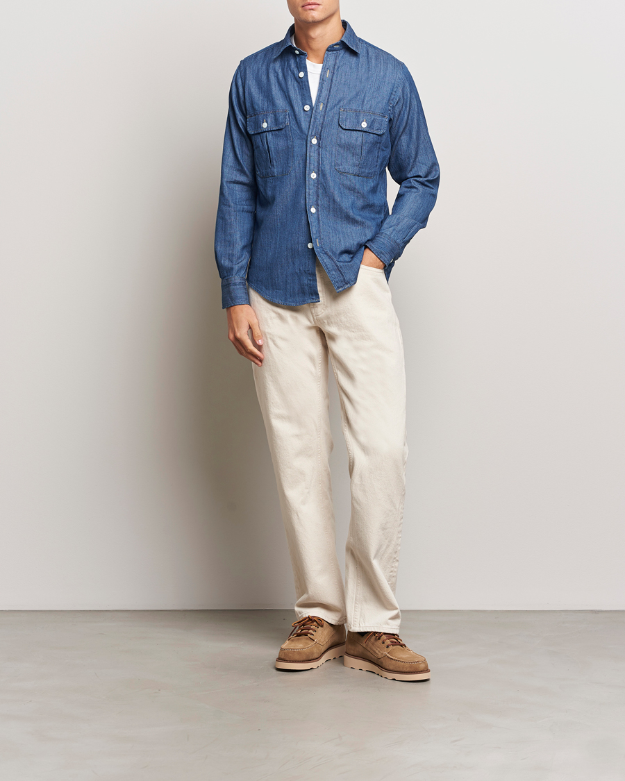 Hombres | Camisas | Drake's | Denim Cotton Two Pocket Work Shirt Blue