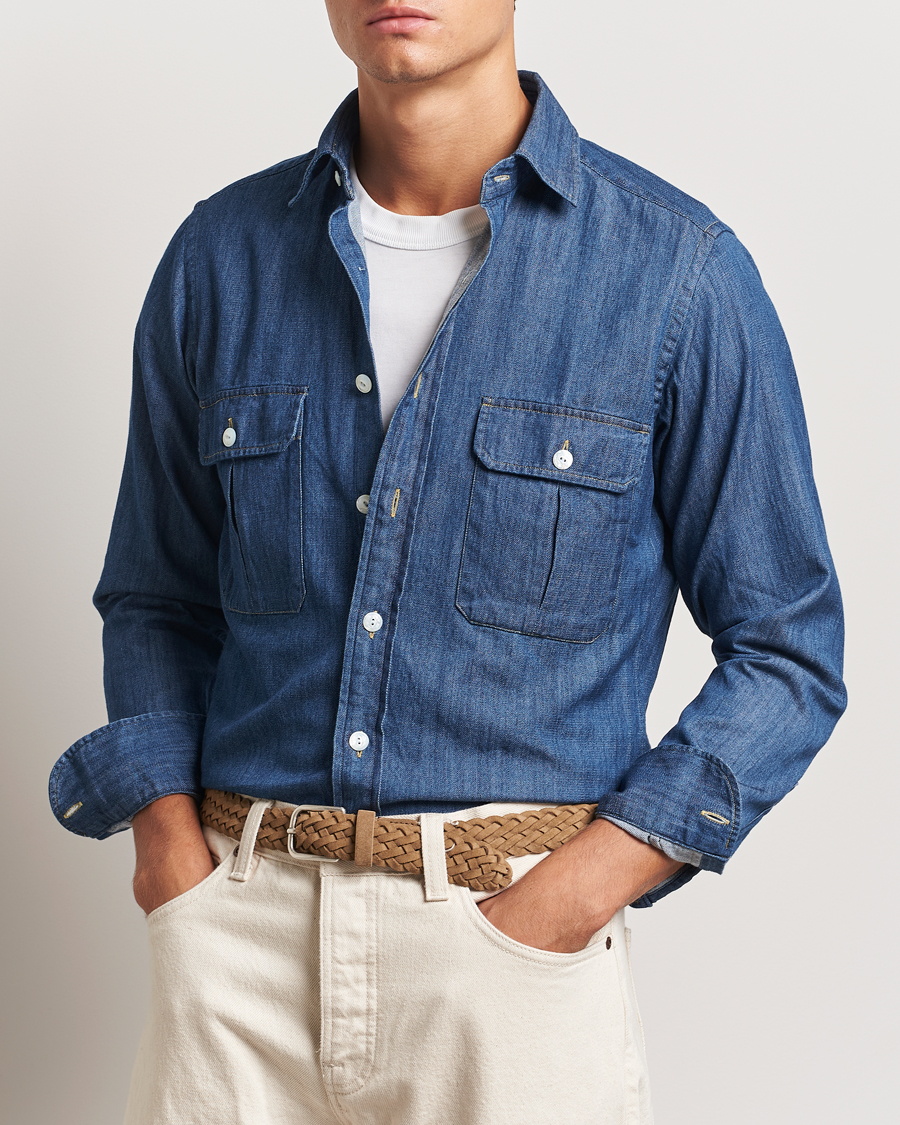 Hombres | Camisas | Drake's | Denim Cotton Two Pocket Work Shirt Blue