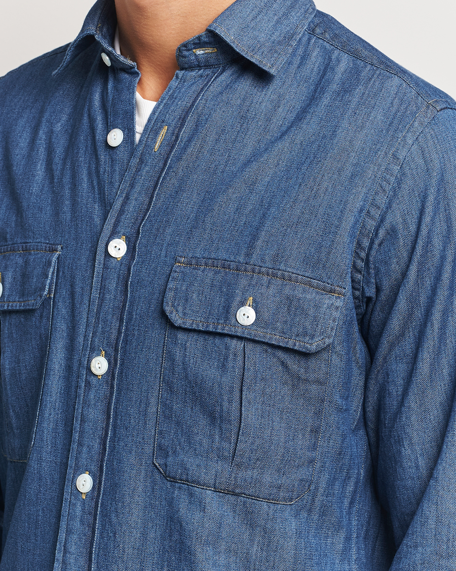 Hombres | Camisas | Drake's | Denim Cotton Two Pocket Work Shirt Blue