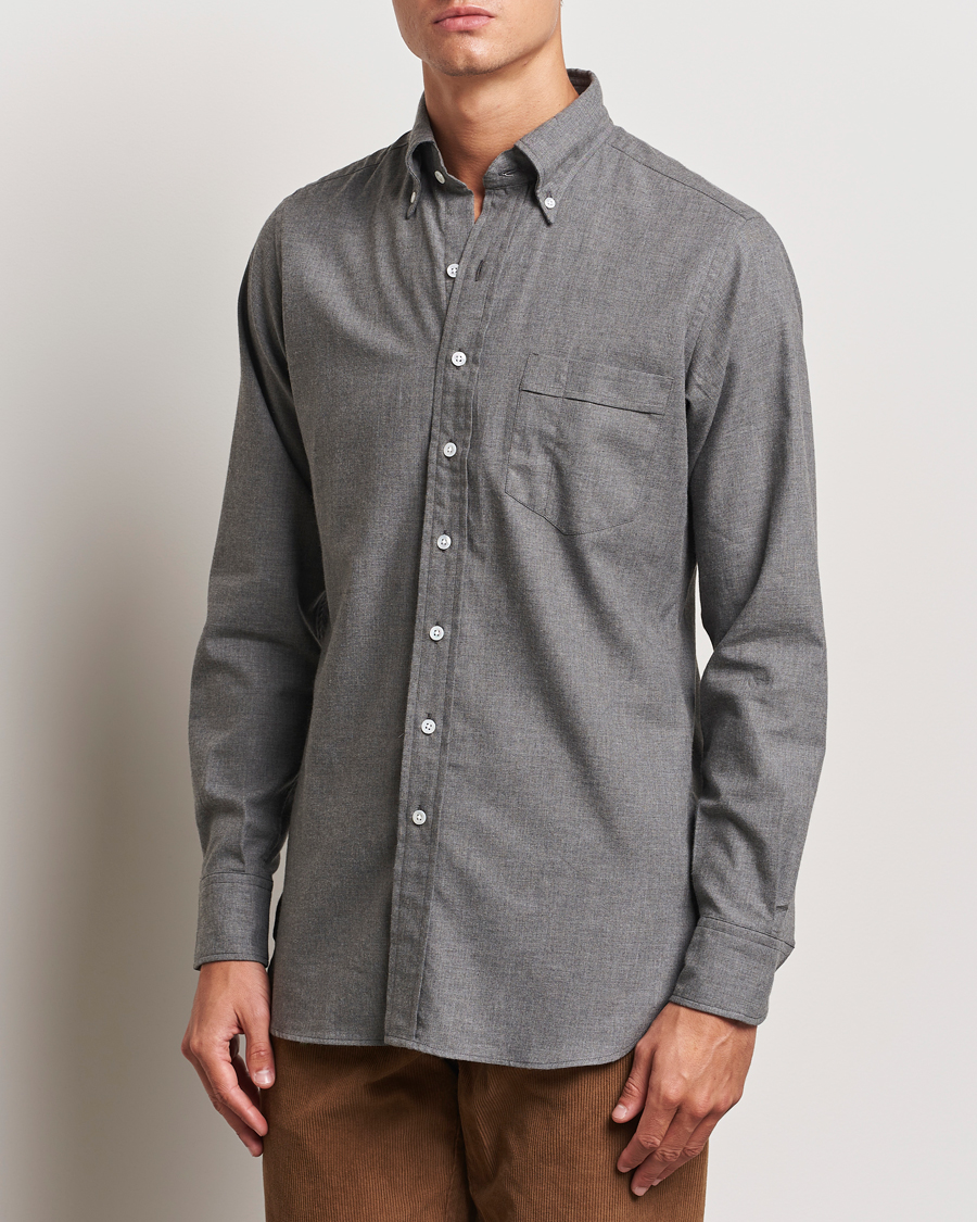 Hombres | Camisas | Drake's | Button Down Flannel Shirt Grey