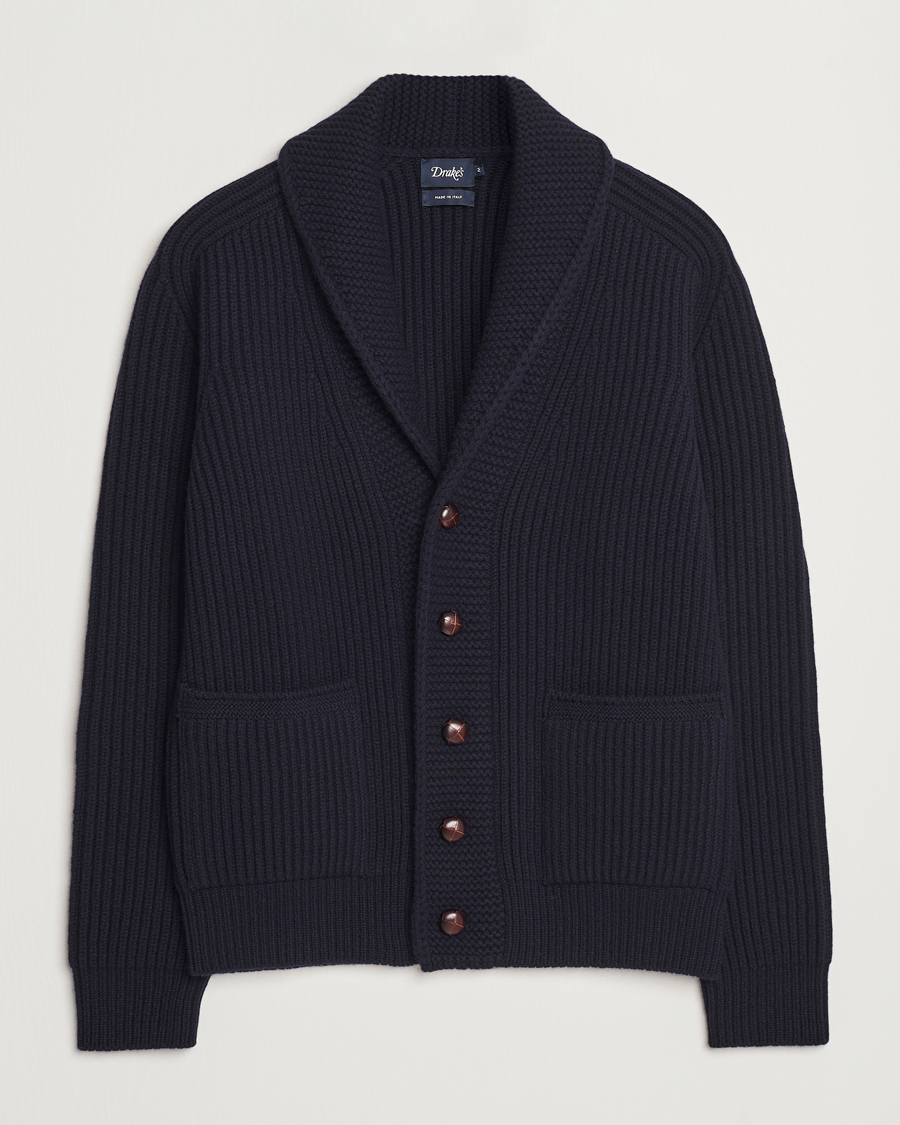 Hombres | Jerséis y prendas de punto | Drake's | Lambswool 6-Ply Shawl Collar Cardigan Navy