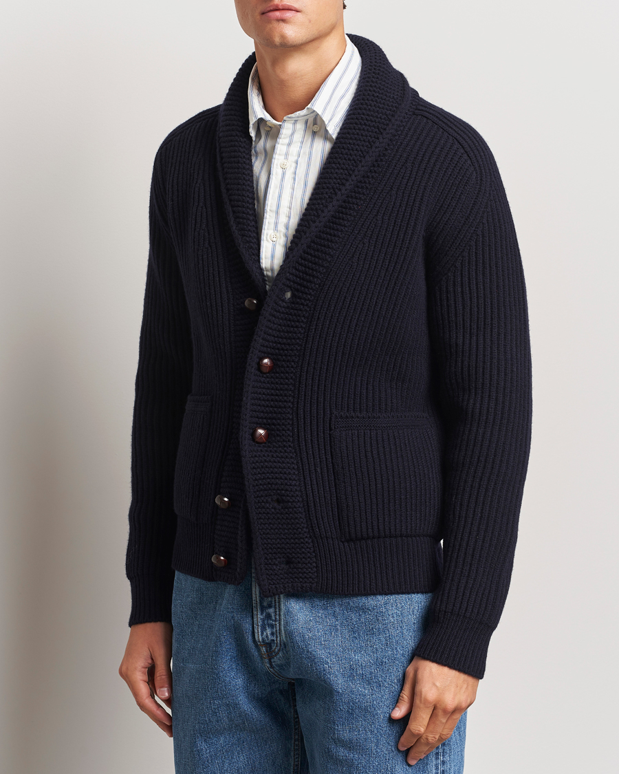 Hombres | Jerséis y prendas de punto | Drake's | Lambswool 6-Ply Shawl Collar Cardigan Navy