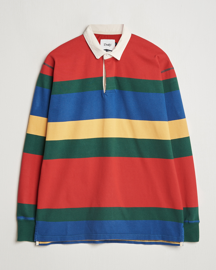 Hombres | Jerséis y prendas de punto | Drake's | Multi Striped Rugby Shirt Red/Green/Blue