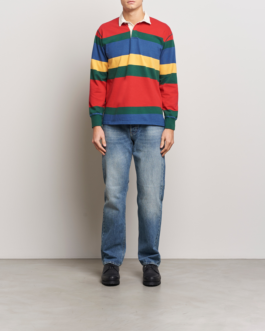 Hombres | Jerséis y prendas de punto | Drake's | Multi Striped Rugby Shirt Red/Green/Blue