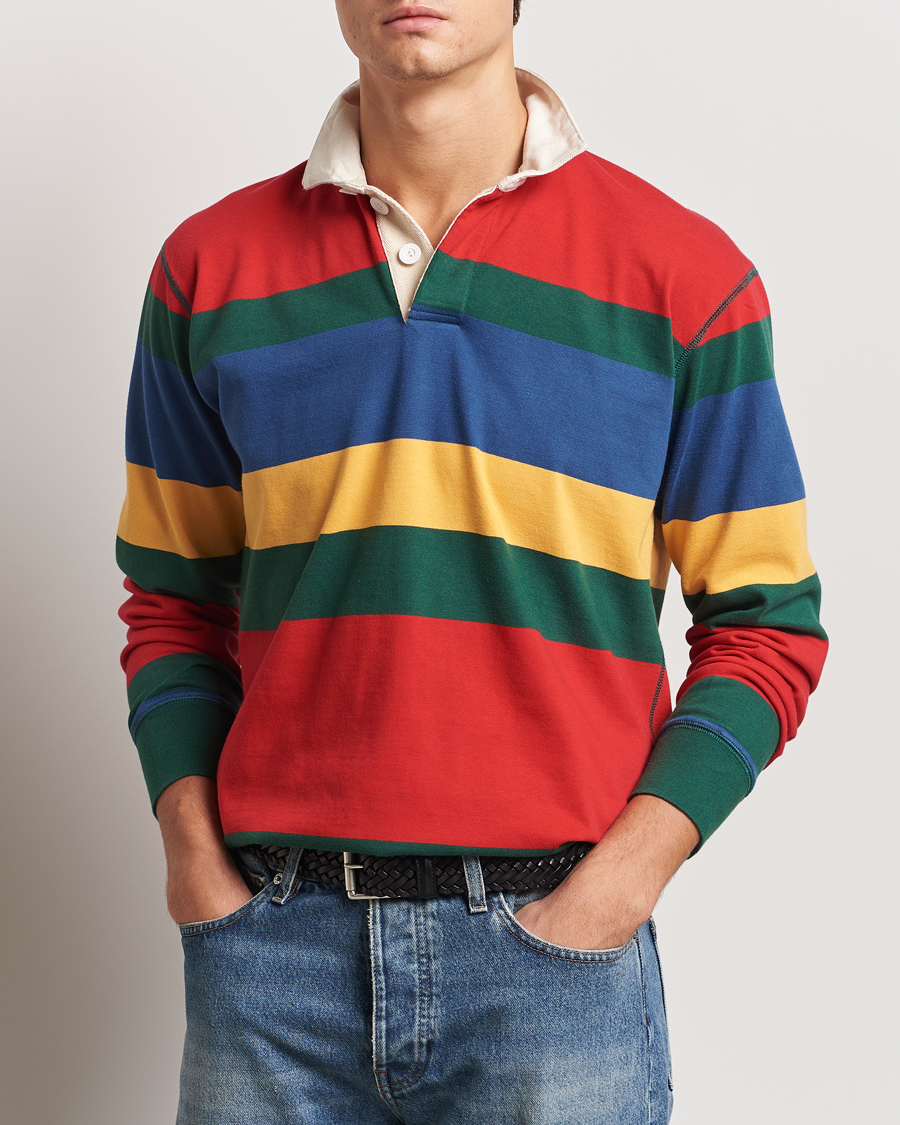 Hombres | Jerséis y prendas de punto | Drake's | Multi Striped Rugby Shirt Red/Green/Blue