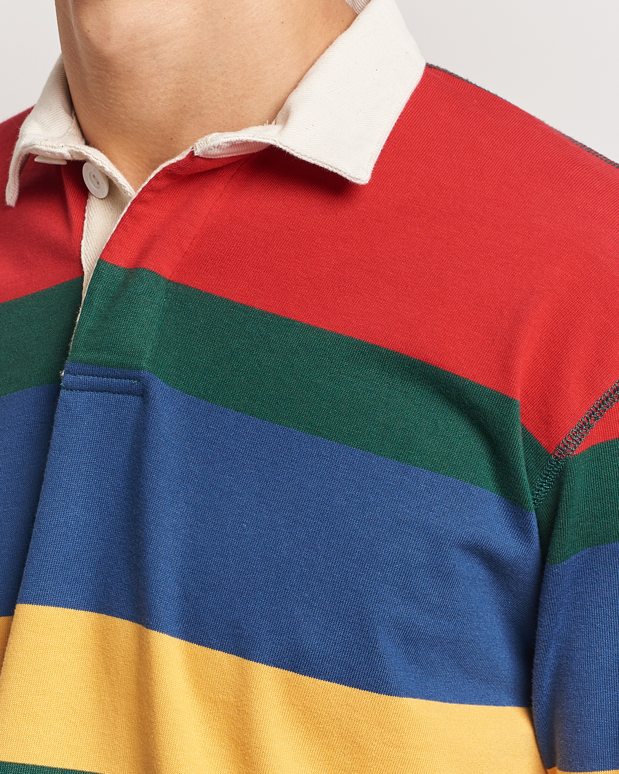 Hombres | Jerséis y prendas de punto | Drake's | Multi Striped Rugby Shirt Red/Green/Blue