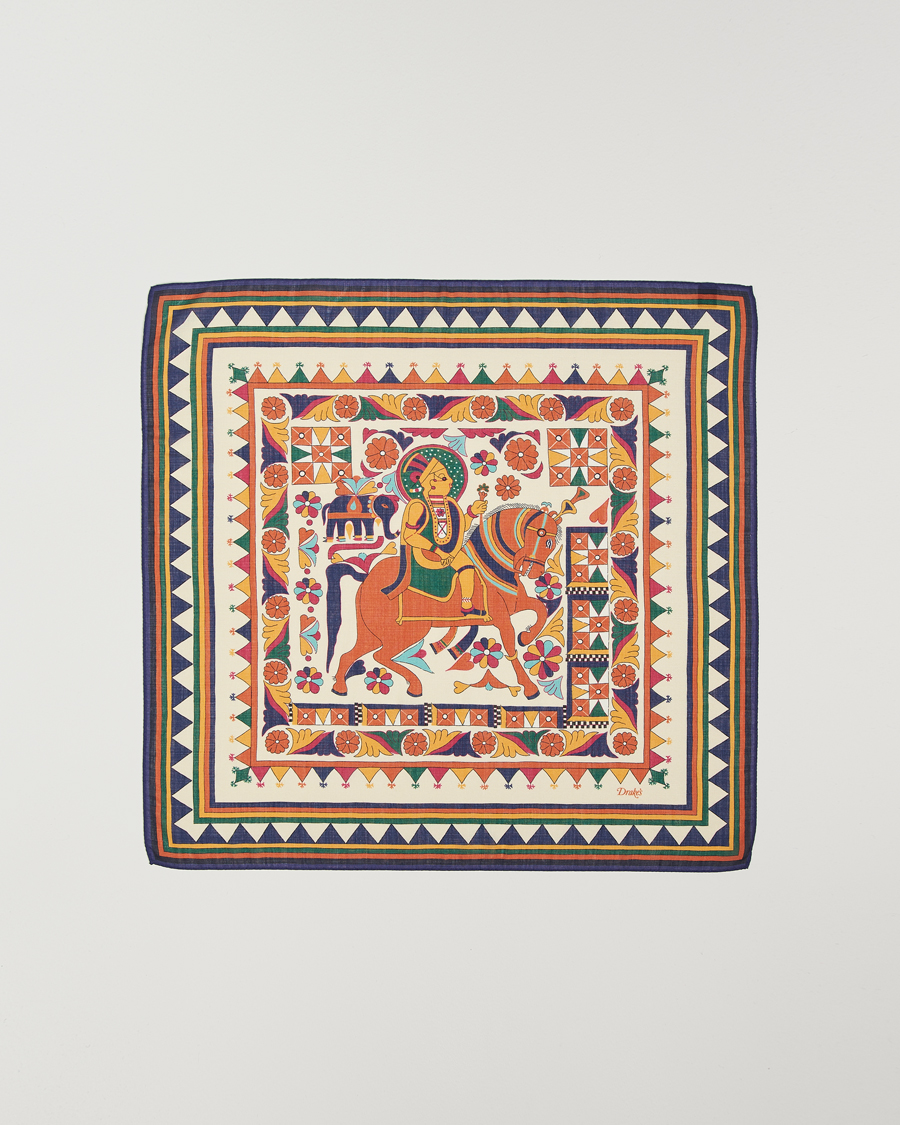 Hombres | Drake's Maharaja Print Wool/Silk Bandana Navy/Yellow | Drake's | Maharaja Print Wool/Silk Bandana Navy/Yellow